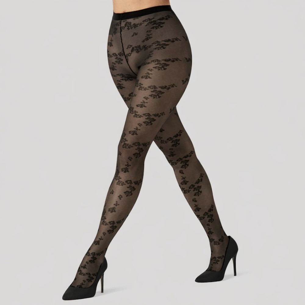 Wolford‎ FloreT Tights Floral Pattern Sheer Opaque 20 Denier BLACK Size S